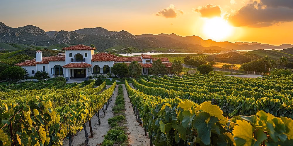 A scenic vineyard with a charming villa set among rolling hills, glowing under a golden sunset sky.